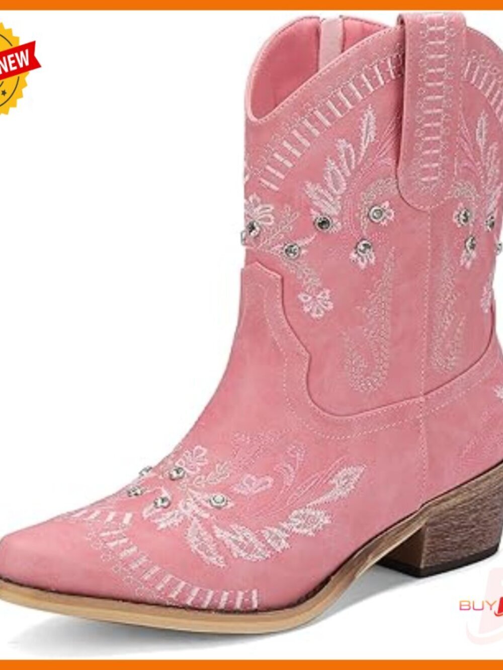 Rhinestone Embroidered Ankle Cowboy Boots Low Heel Chunky Heel Side Zipper